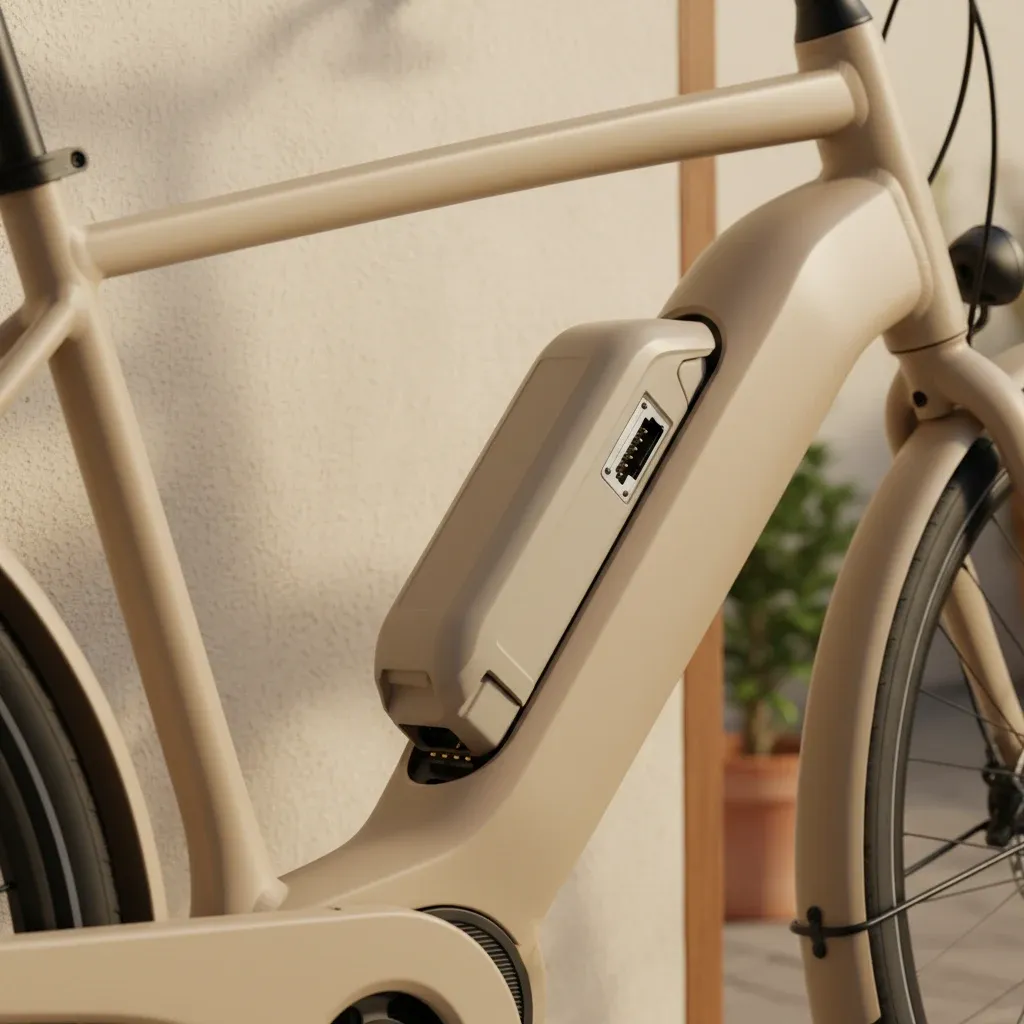 Bosch PowerTube 625 Wh batteri integreret i en dame el-cykels nederrør, snefald i baggrunden