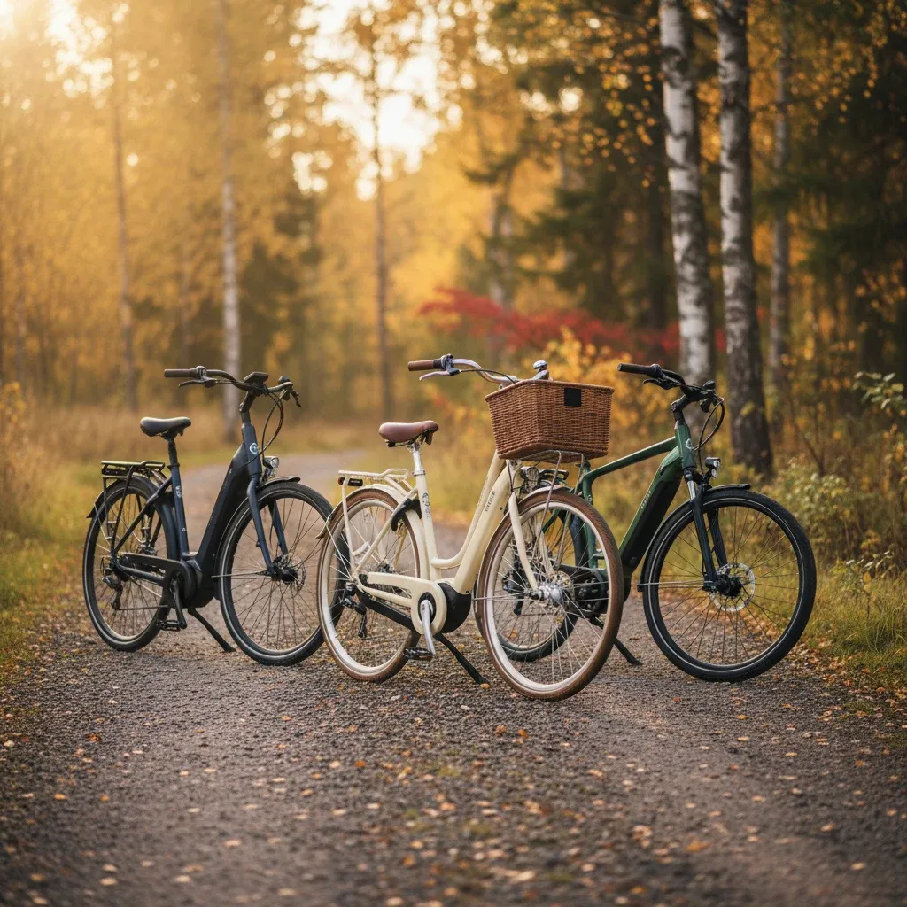 Udvalg af de bedste el-cykler til damer fotograferet sammen mod en cremehvid baggrund