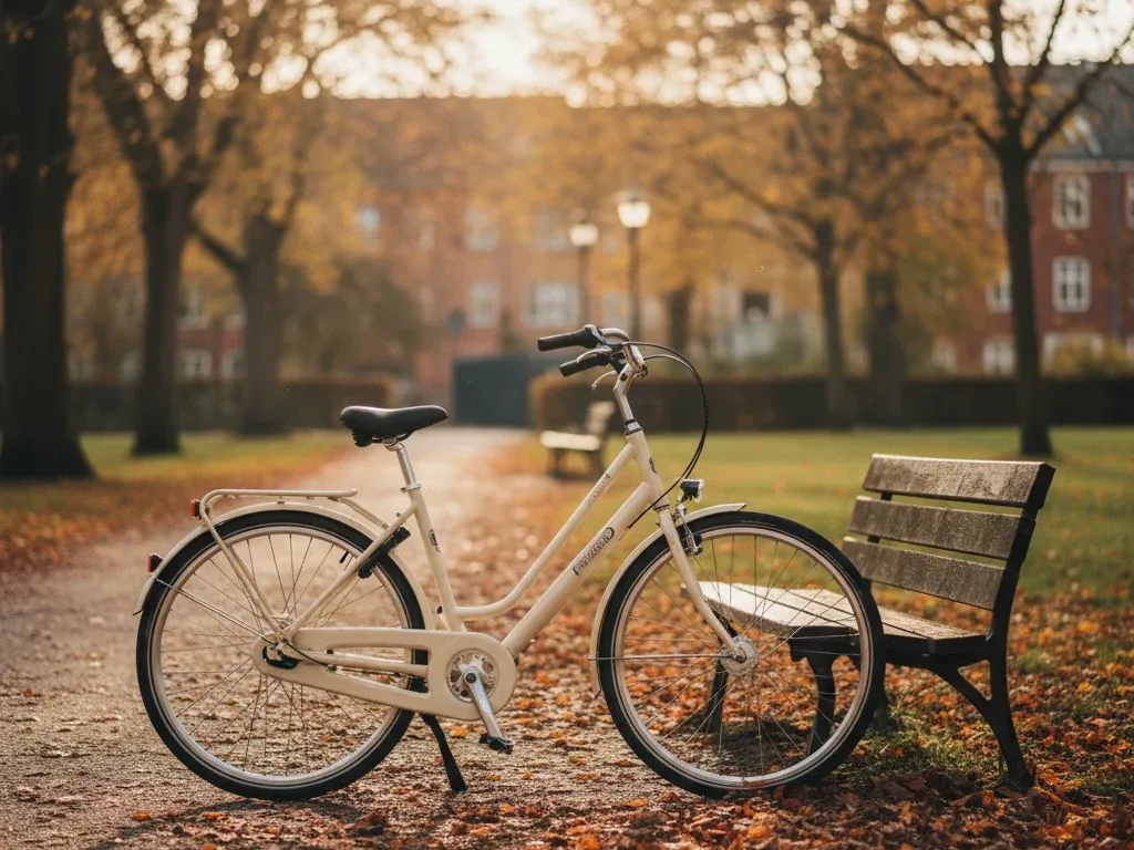 Dame el-cykel parkeret i rolig park-scene med ergonomisk sadel og lav indstigning