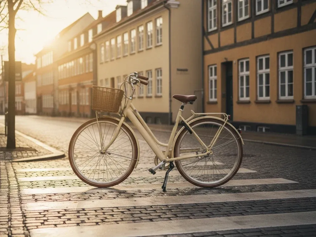 Dame el-cykel i morgenpendling-scene på dansk cykelsti