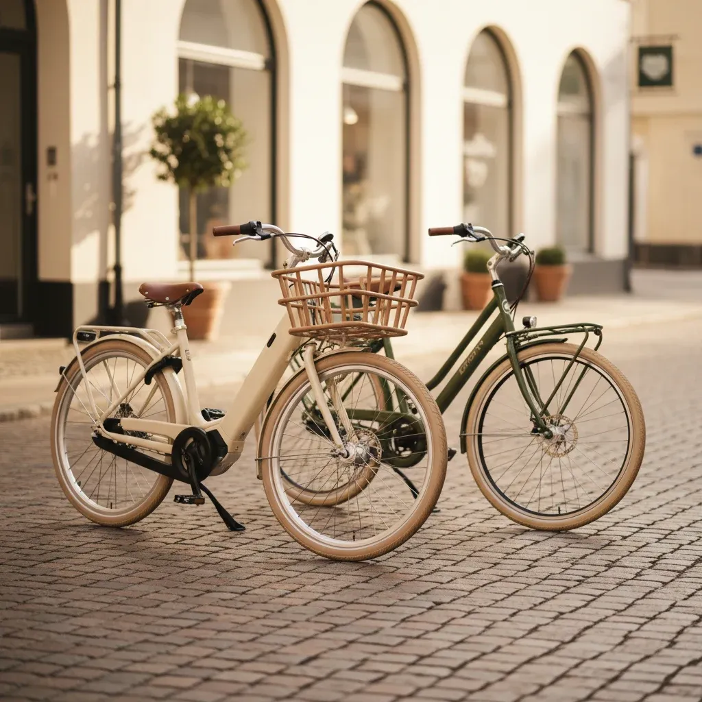 Dame i 40'erne sammenligner to dame el-cykler hos en cykelhandler i Aarhus